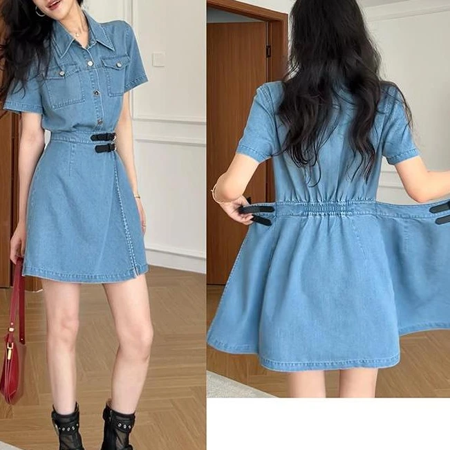 【牛仔旅人】港味复古一片式收腰显瘦连衣裙夏季气质翻领短款裙子
