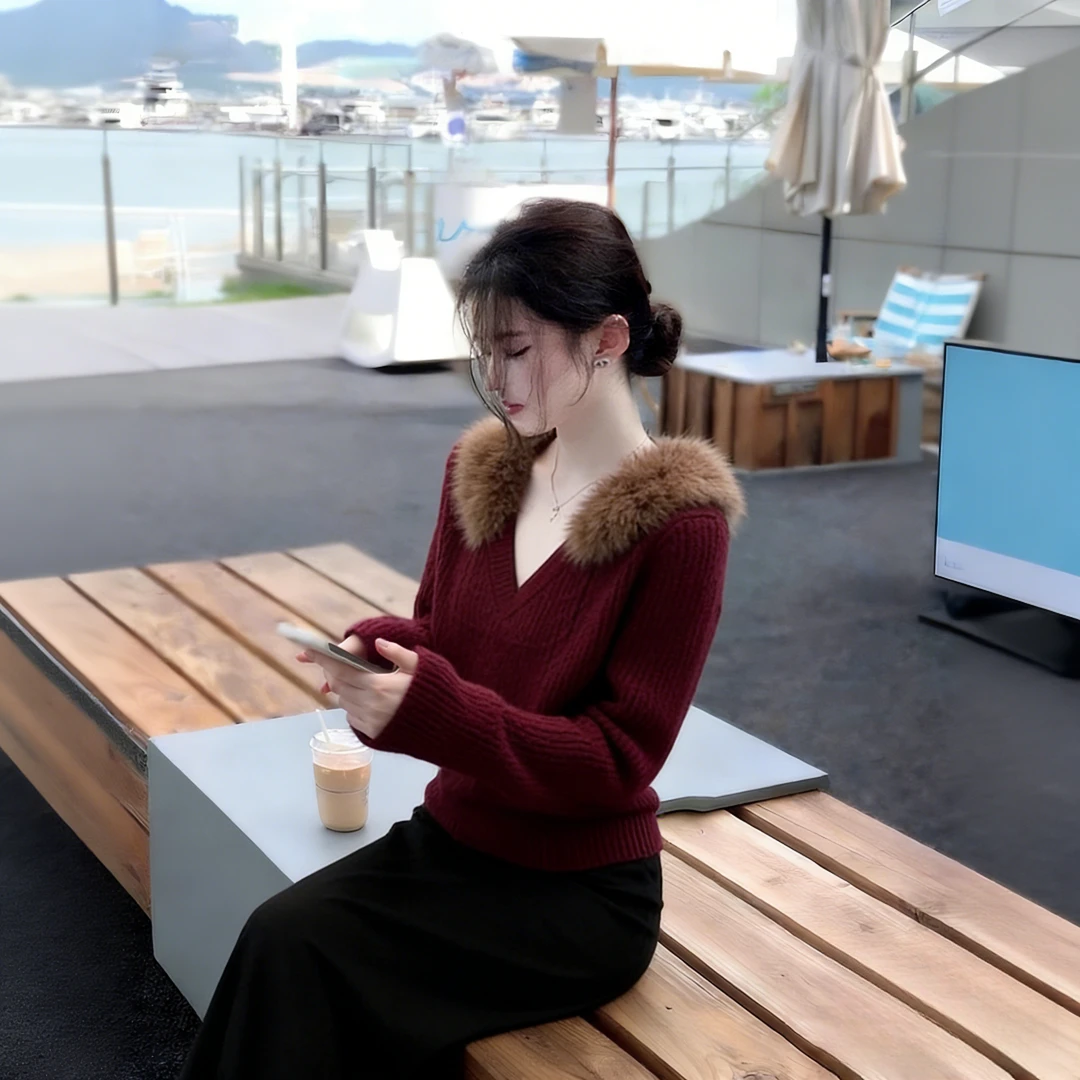 2025韩系新款秋冬季红色拼接毛毛领时尚绝美简约针织衫百搭上衣女