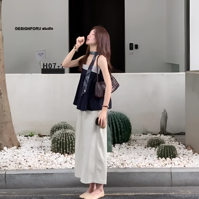 2025夏季新款法式撞色条纹拼接无袖吊带背心a摆上衣半身裙两件套