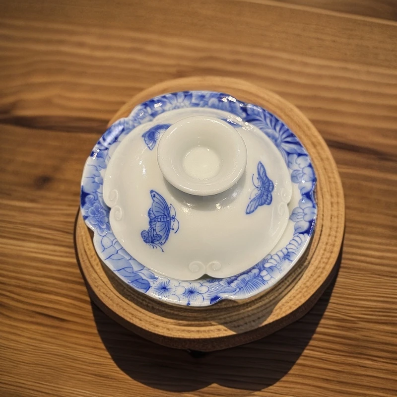 艺家仁景德镇百花蝴蝶盖碗手工手绘陶瓷盖碗