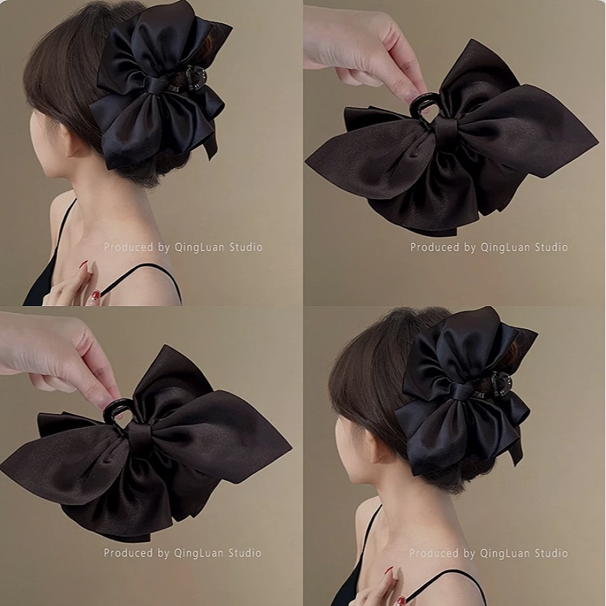 大蝴蝶结~缎面黑色发抓鲨鱼夹女发夹后脑勺量多发卡抓夹ins