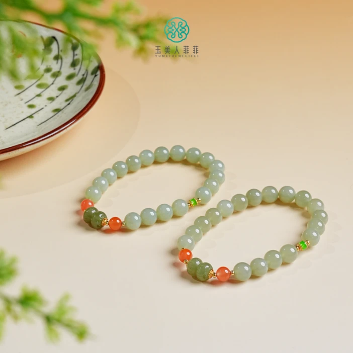 石惑珠宝~和田玉圆珠手串约8mm-多样性发一