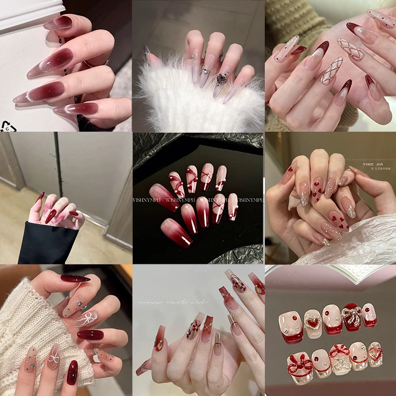 新年美甲系列|2025年秋冬高级感红色纯手工穿戴甲中长款过年美甲