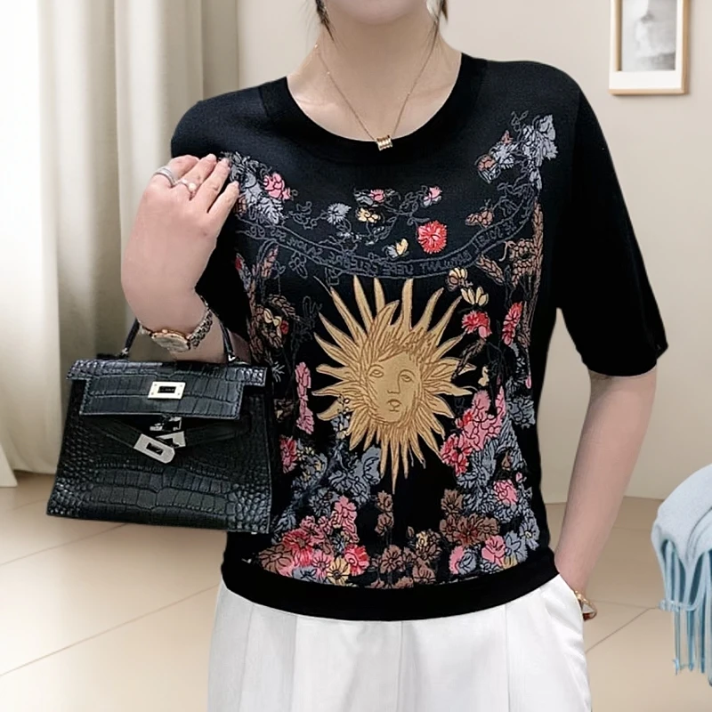 百搭夏季薄款小衫女洋气印花短袖针织衫宽松显瘦圆领打底上衣