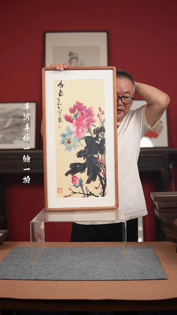 国画手绘-36*69实木框花鸟