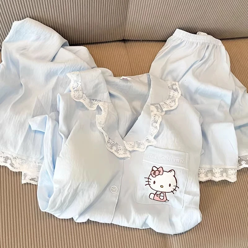 带胸垫hellokitty睡衣女夏季云朵棉短袖短裤长裤三件套可爱家居服