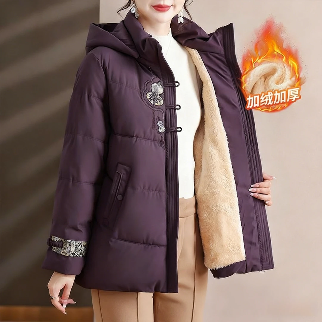 品牌妈妈冬装加绒棉服外套奶奶冬季棉衣中老年人连帽加绒棉袄