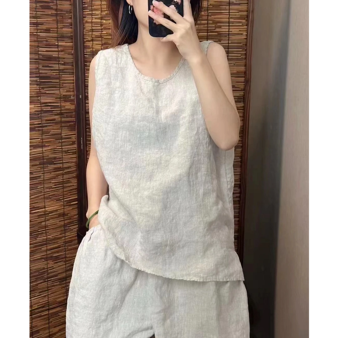 韩版时尚休闲雨露棉麻打底套头亚麻无袖背心宽松百搭显瘦中长款女