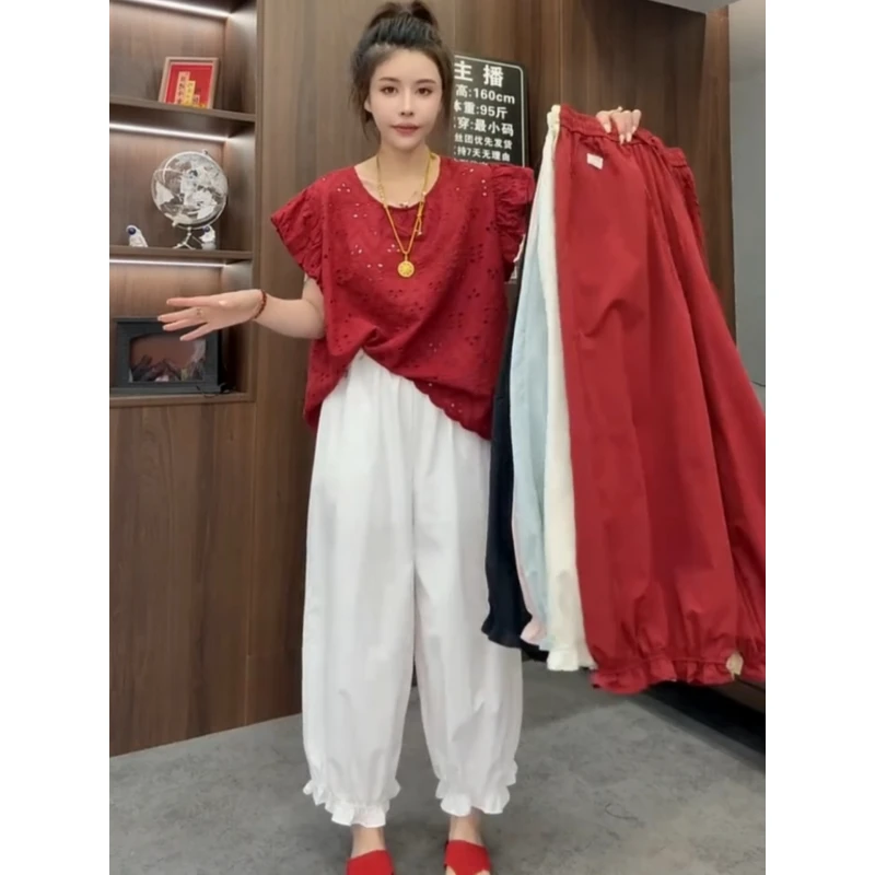 减龄休闲百搭花边束脚灯笼裤女夏2025新款高腰宽松显瘦九分阔腿裤