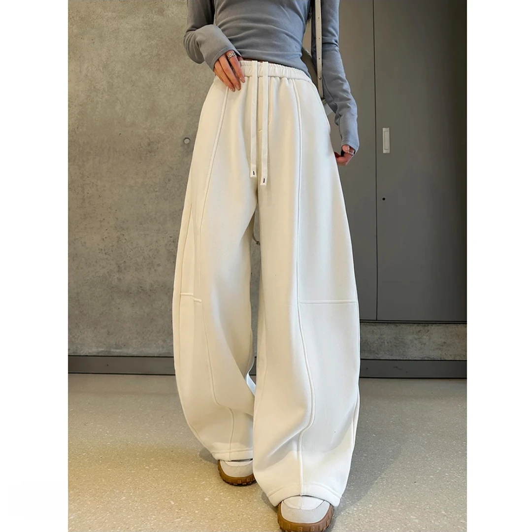 加绒加厚美式复古休闲运动裤女冬季宽松设计感高腰阔腿裤