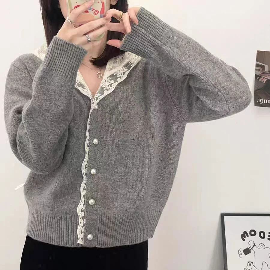 【薄荷少女】法式别致软糯蕾丝时尚百搭针织开衫显瘦上衣-838