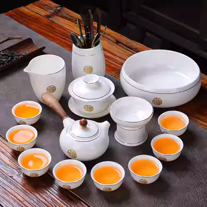 金福羊脂玉白瓷茶具套装家用轻奢功夫悬停盖碗侧把泡茶壶茶杯高档