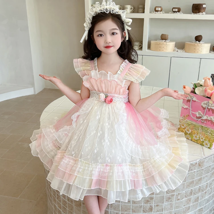 连衣裙洋气大童公主裙公主夏季拼接花朵女童中小童宝宝夏装套装
