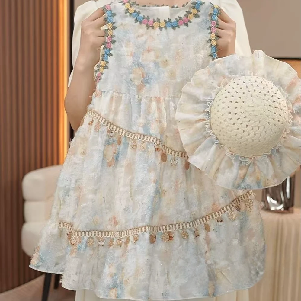 《WN》【送帽子】夏季女童洋气碎花公主风法式时尚连衣裙HCB500-6h