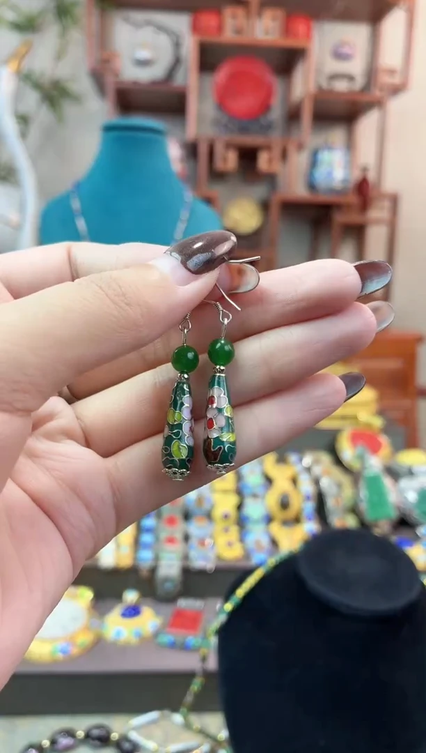 非遗手工景泰蓝耳环水滴绿色