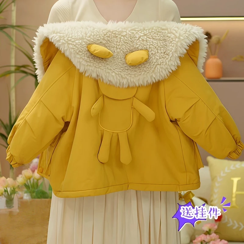 女童加绒派克服外套2025新款秋冬加厚大翻领棉服小熊中长款棉衣潮