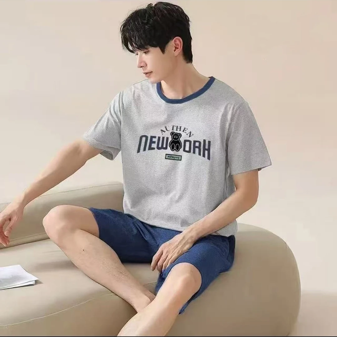 芬亿夏季爽棉睡衣男运动时尚休闲简约印花圆领宽松灰色韩版可外穿