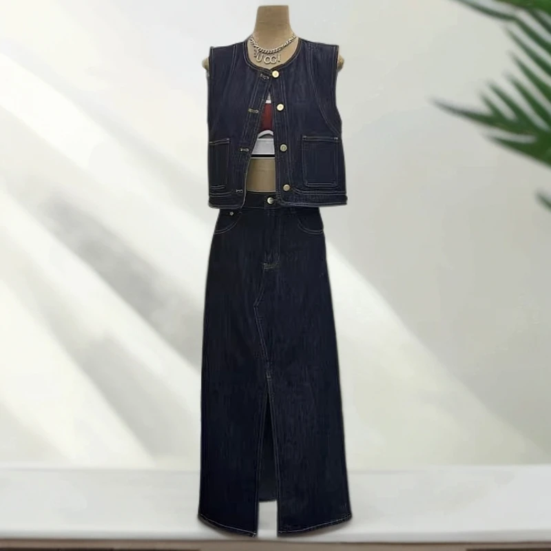 B6117小个子韩版叠穿百搭马甲背心一整套慵懒风直筒半身裙牛仔