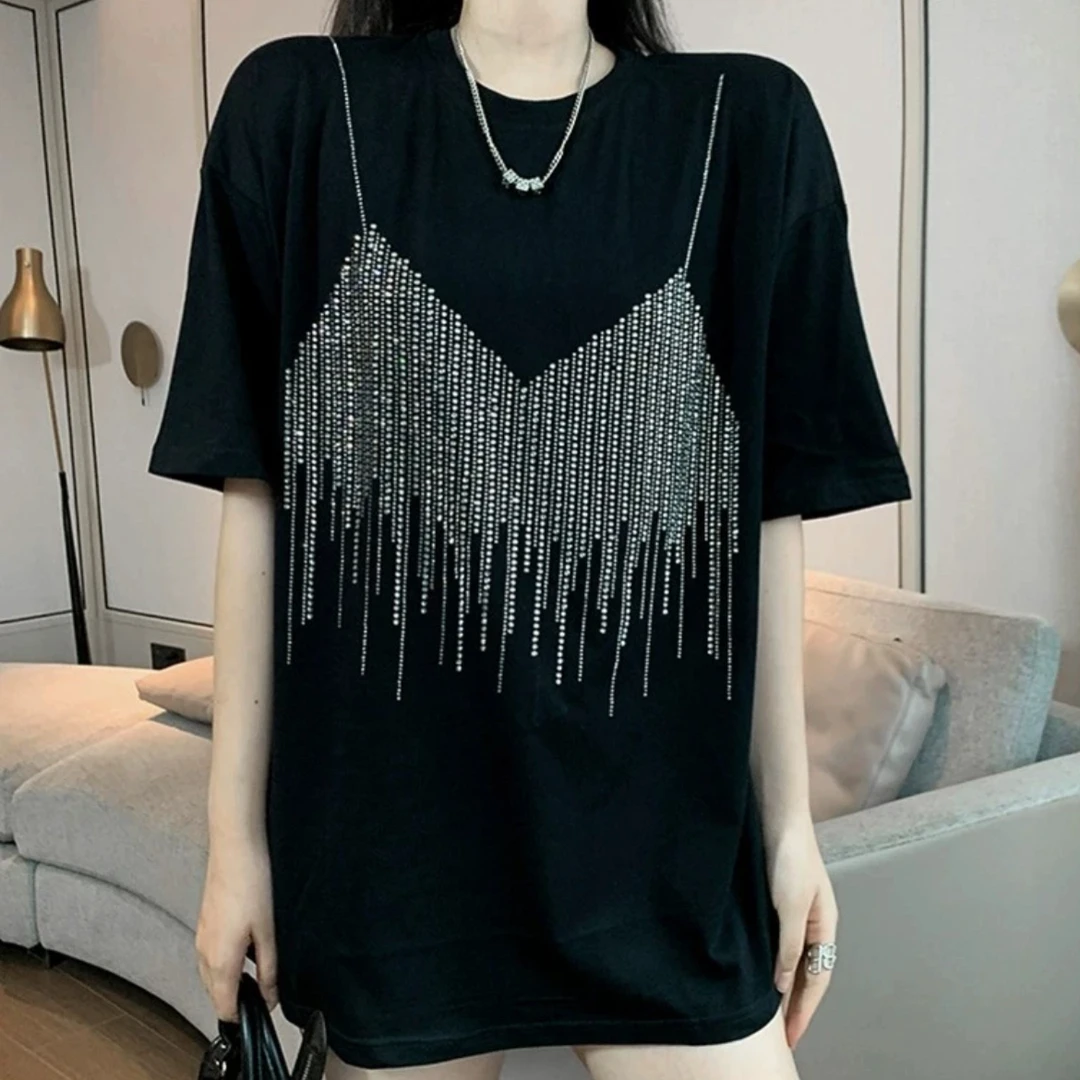 【301-399】2025夏款新款百搭时尚女装重工T恤宽松大码个性韩版短袖