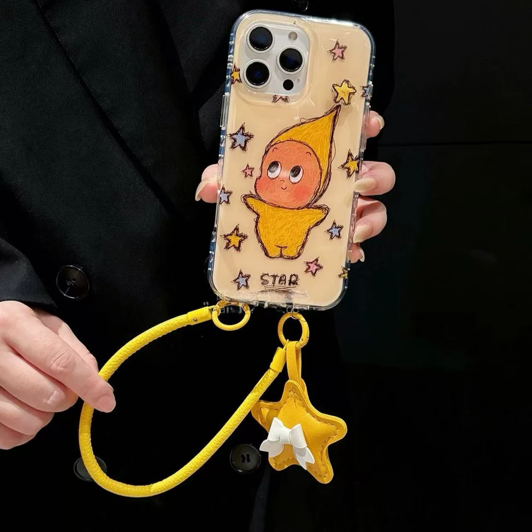 日韩手绘黄色举手星星人适用苹果17promax手机壳iphone16挂件15新