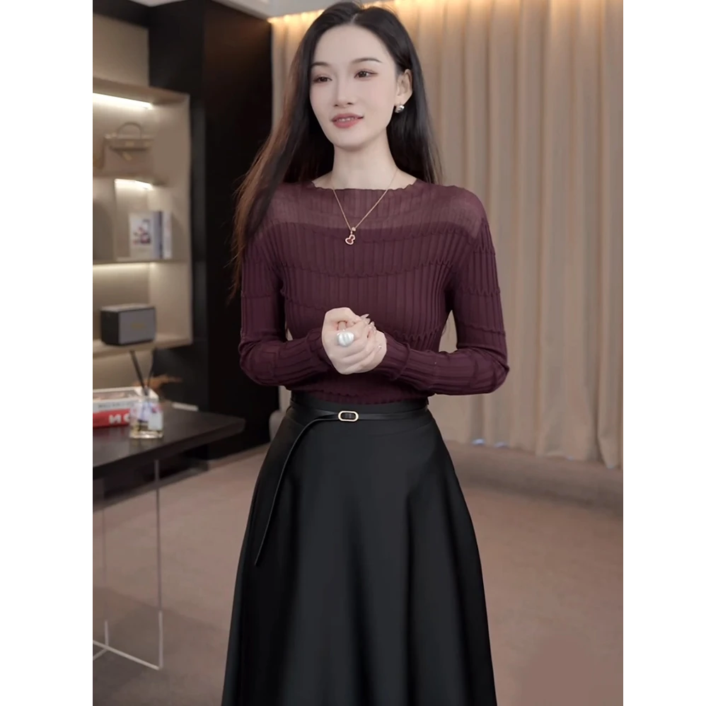 2025秋季新款时尚拼接坑条洋气长袖针织衫女气质修身显瘦百搭上衣