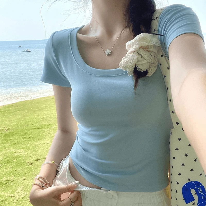 新款U领正肩短袖t恤女夏季显瘦修身短款纯欲辣妹上衣