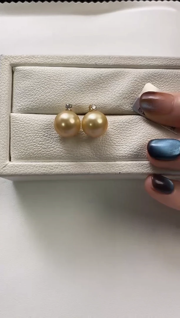 18K金镶嵌耳饰海水珍珠11-12南洋金珍珠耳饰