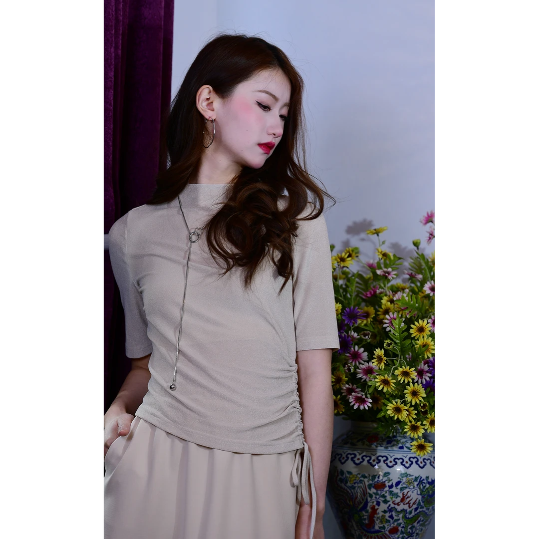 T恤梦里人春夏新款减龄半高领洋气褶皱收腰显瘦百搭上衣2293-5012