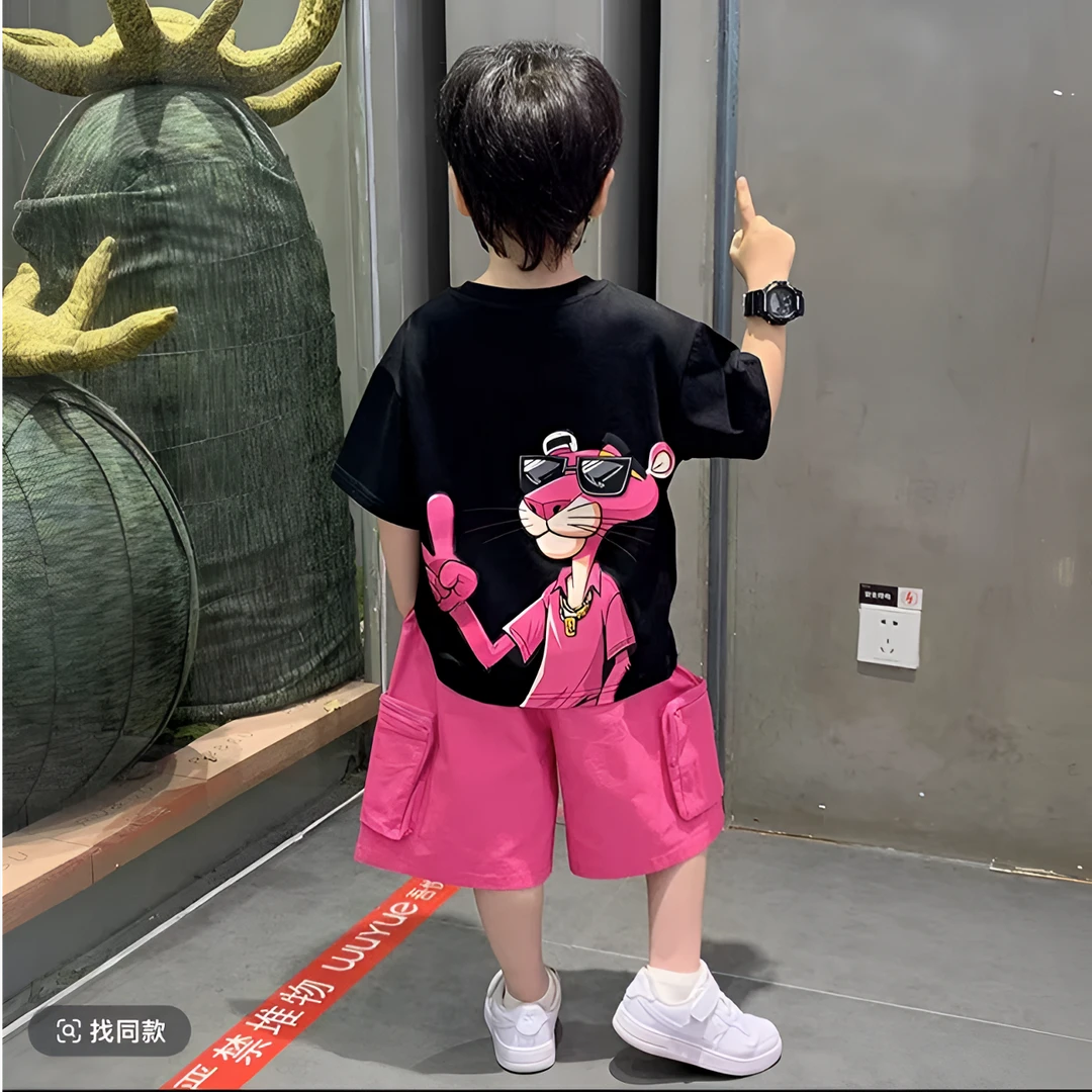 男童夏装套装2025新款儿童韩版痞帅炸街背心火龙果色字母满印短裤