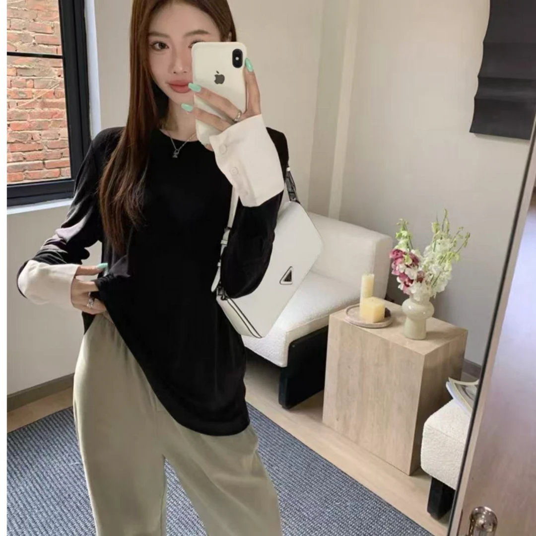 春夏打底衫女袖口拼接圆领长袖26065