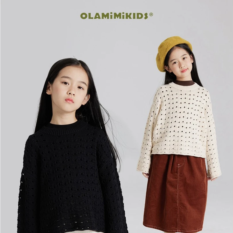 OLAMIMI定制 春秋儿童设计感两色慵懒风镂空针织打底衫百搭毛衣