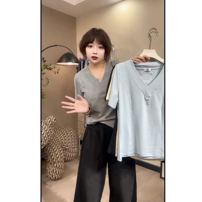 韩式春款V领T恤短袖