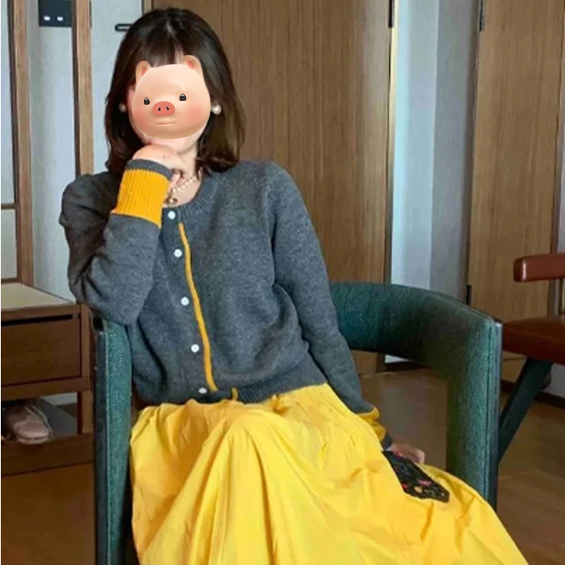 早秋韩系氛围感穿搭一整套撞色毛衣开衫外套黄色半身裙子两件套装