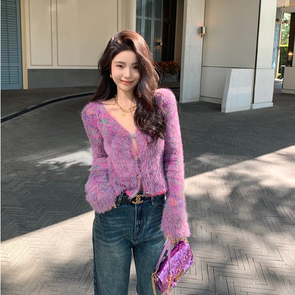 Lilylikes—“V领混色柔绒” 针织开衫外套女春秋温柔显瘦上衣