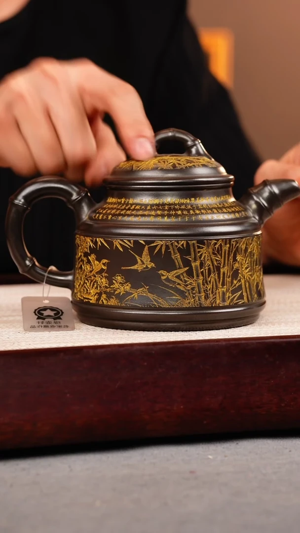 茶壶紫砂石黄 竹鼎 燕子图 描金