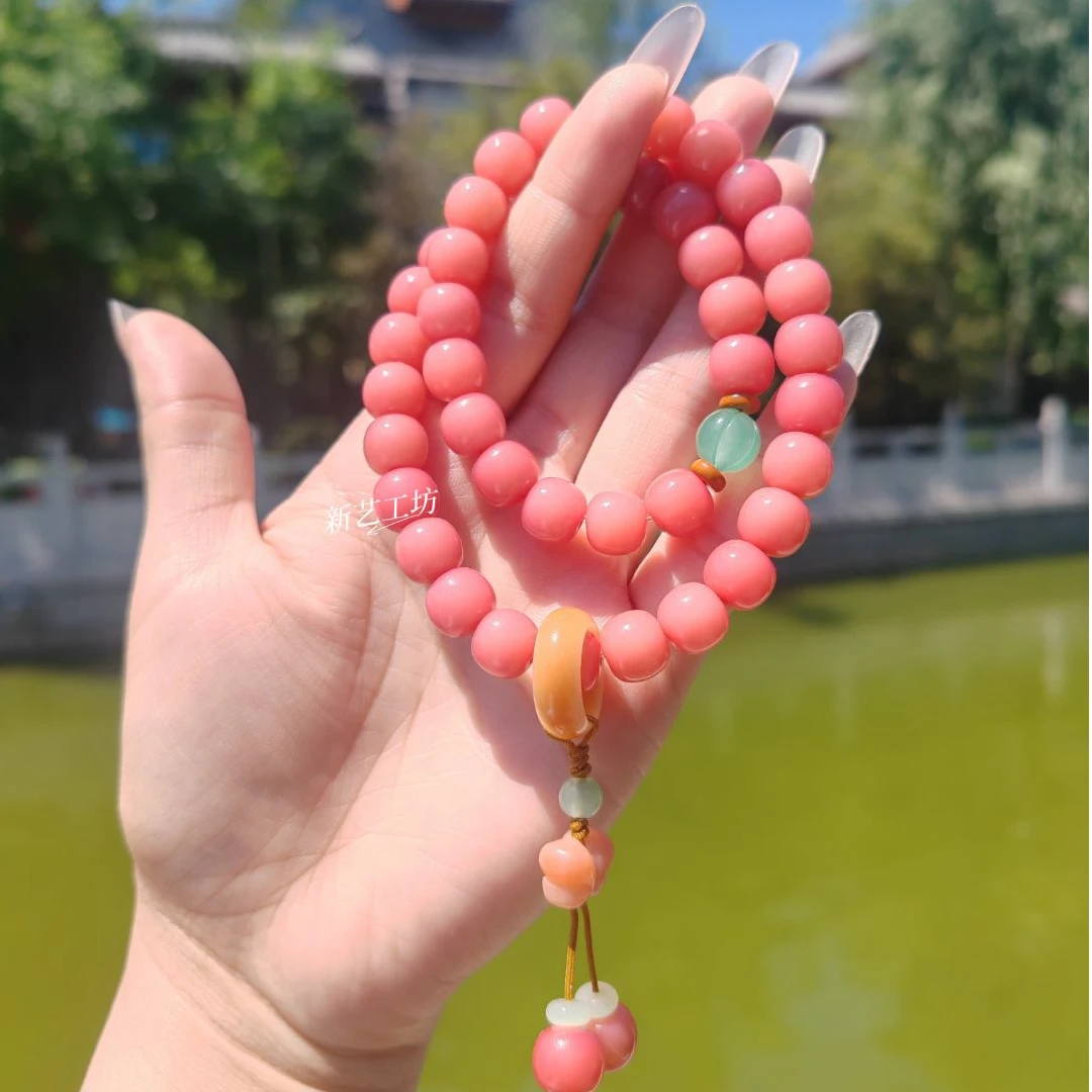 【蜜桃四季春】念珠菩提根双圈手持文玩渐变粉女款手串菩提珠手串