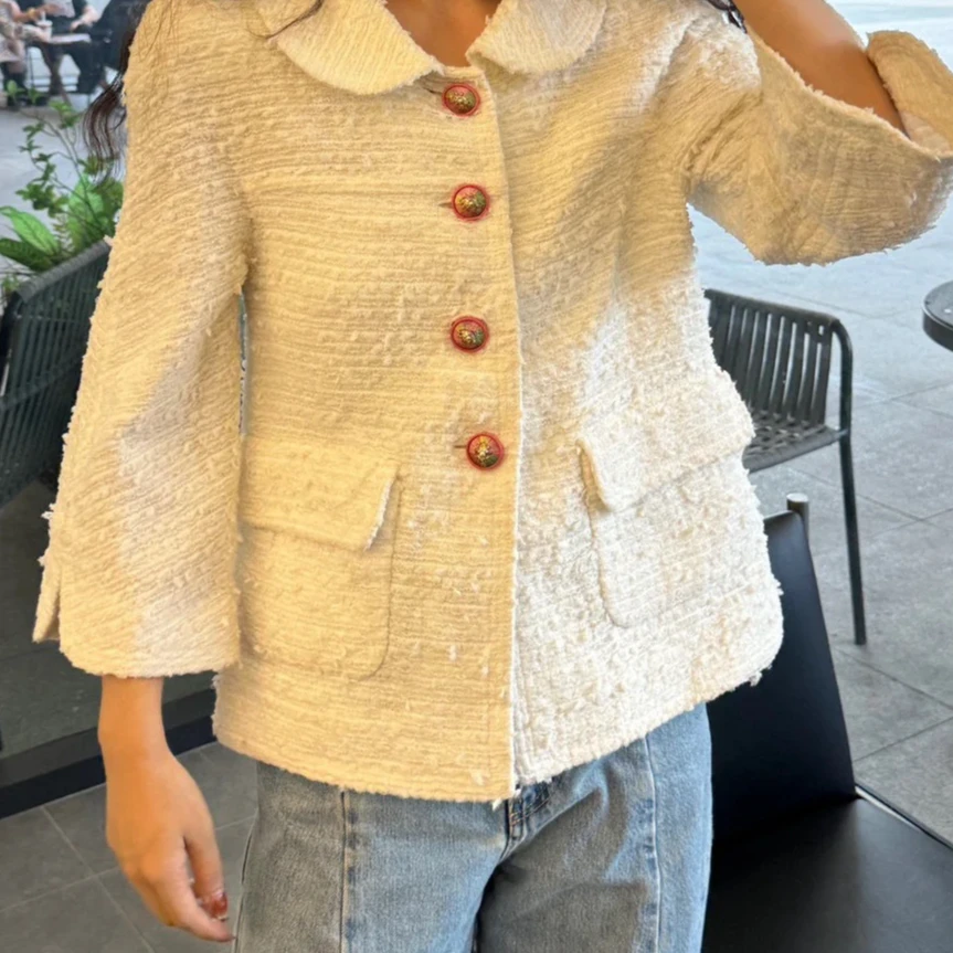 99新 Chanel/香奈儿 34码 白色 狮子扣 长袖 编织 外套