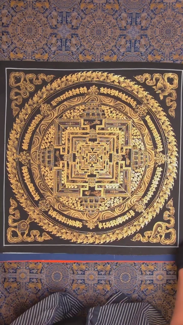 卷轴画纯手绘唐卡黑金时轮金刚坛城50*50画芯