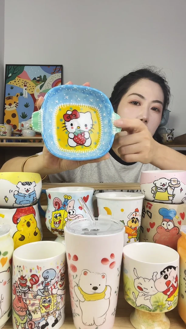瓷片景德镇高温釉下彩陶瓷手绘卡通动物创意杯
