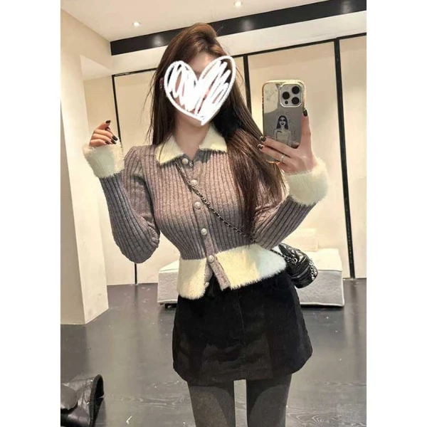 【SuSuqueen】针织拼接修身型短款小香风上衣带垫肩针织衫毛衣3421