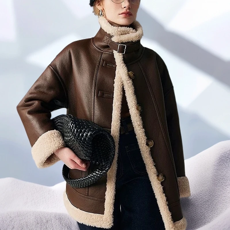 孤品捡漏 断码清仓 皮 毛一体短外套长袖女拼接通勤百搭加厚