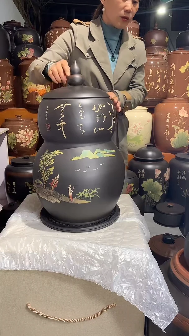 三号彩填葫芦茶缸米缸山水图