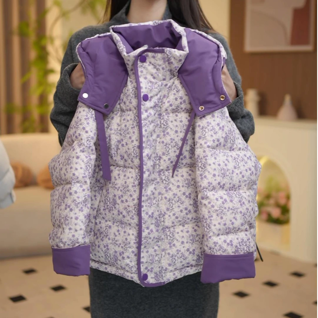 女童冬季新款时尚百搭碎花加厚保暖棉服外套--Y6214