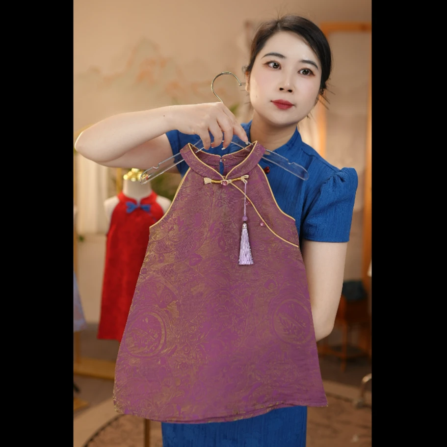 F【紫鸢】人丝浮光锦#女童夏季短袖儿童中国风古风中式旗袍裙