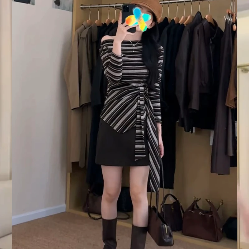 2026新款时尚套装斜肩条纹长袖T恤女夏季高腰灰色休闲短裤两件套