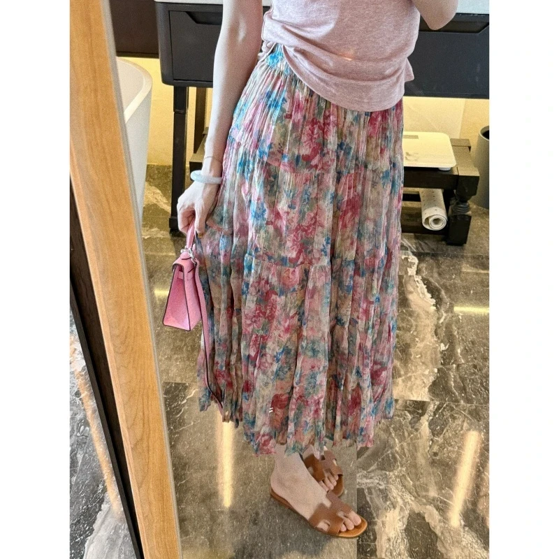 夏季碎花褶皱半裙女百搭气质显瘦垂感时尚温柔公主风半身裙女9884