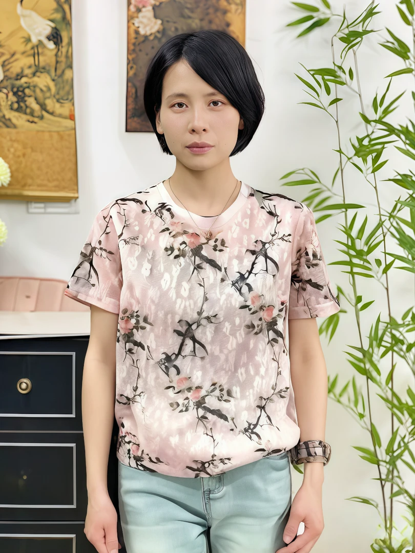夏季T恤时尚洋气修身田园风新中式水墨提花