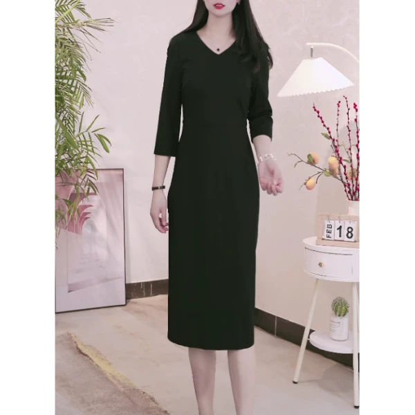 YN617#气质显瘦轻奢黑色优雅长款时尚连衣裙