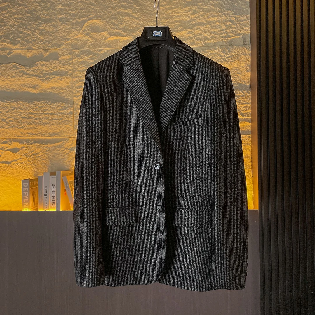 雷奇诺P010【黑雨】春秋新款黑色修身印花商务风男士绵羊皮西装外套