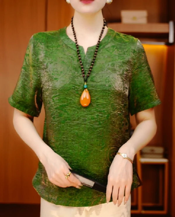 翠影碧萝-夏季极简风减龄优雅轻奢时尚百搭气质圆领上衣